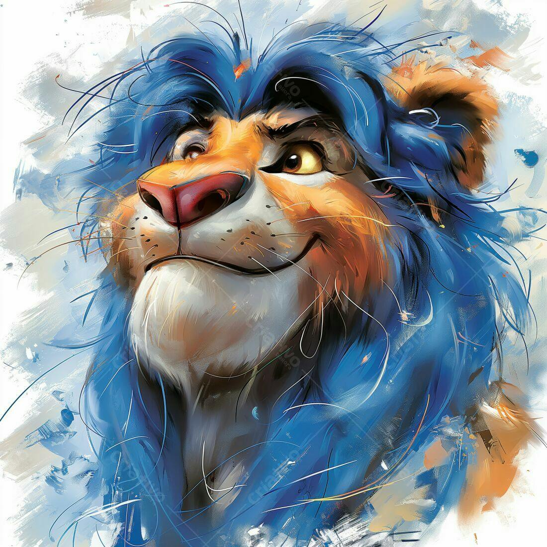 Leão com juba azul sorrindo pintura digital