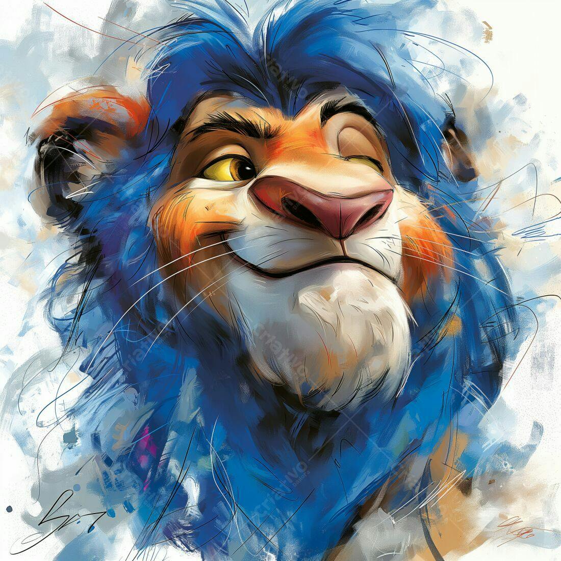 Leão estilo desenho animado azul e laranja sorrindo