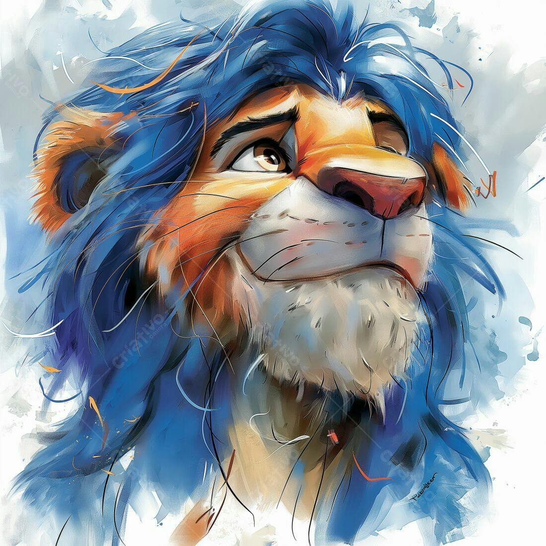 Leão com juba azul sorrindo