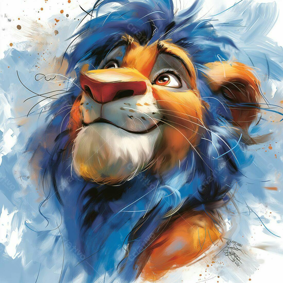 Leão Simba estilo aquarela azul e laranja
