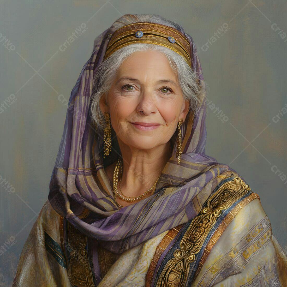 Retrato de mulher idosa com véu roxo e dourado