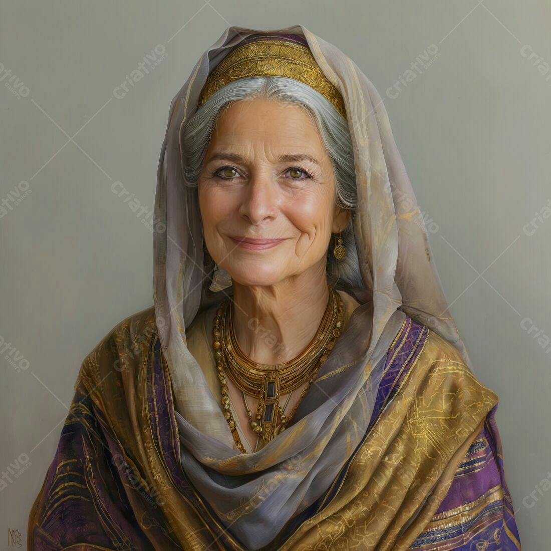 Retrato de mulher idosa com joias douradas