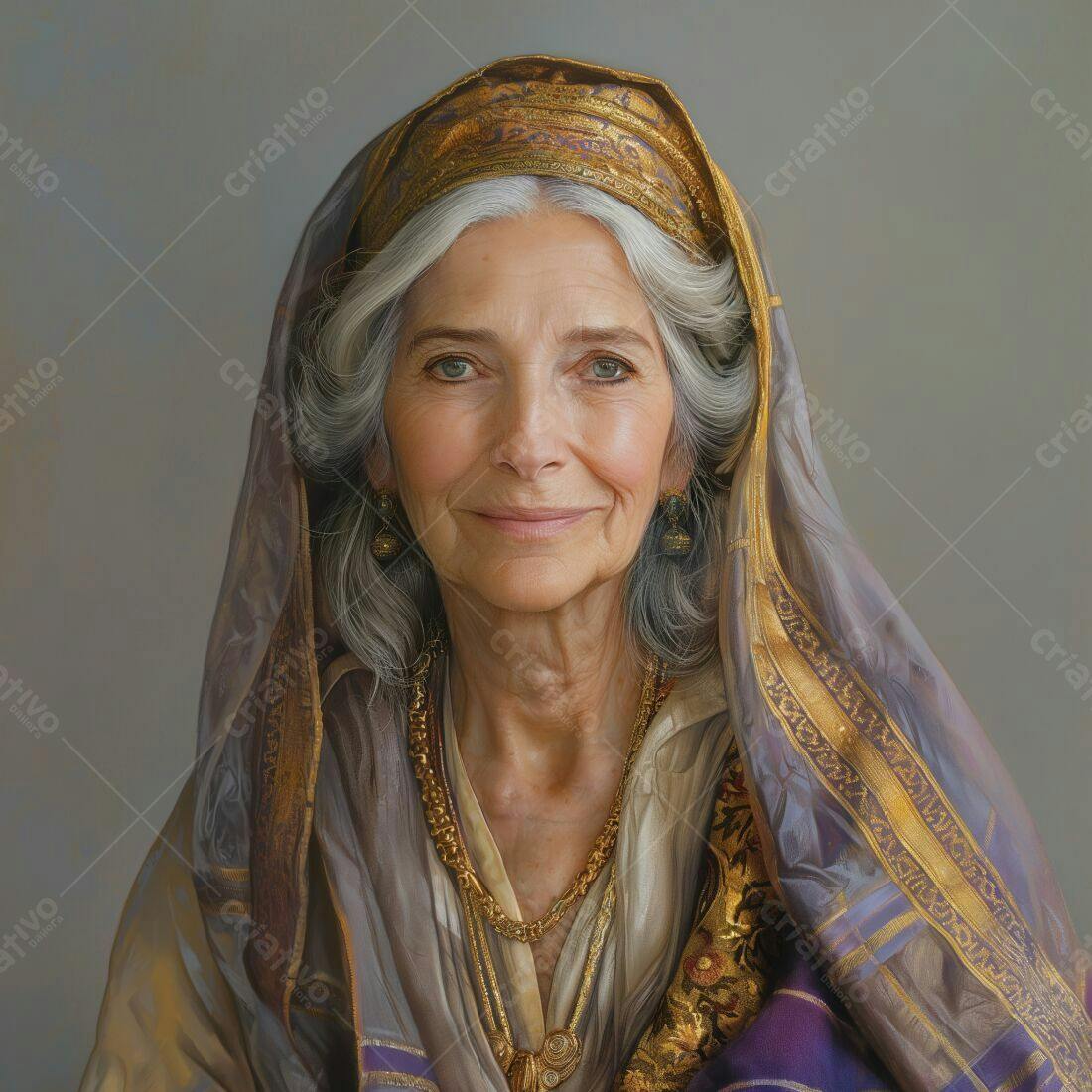 Retrato de mulher idosa com véu e joias