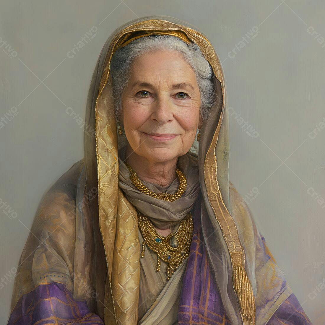 Retrato de mulher idosa com joias douradas