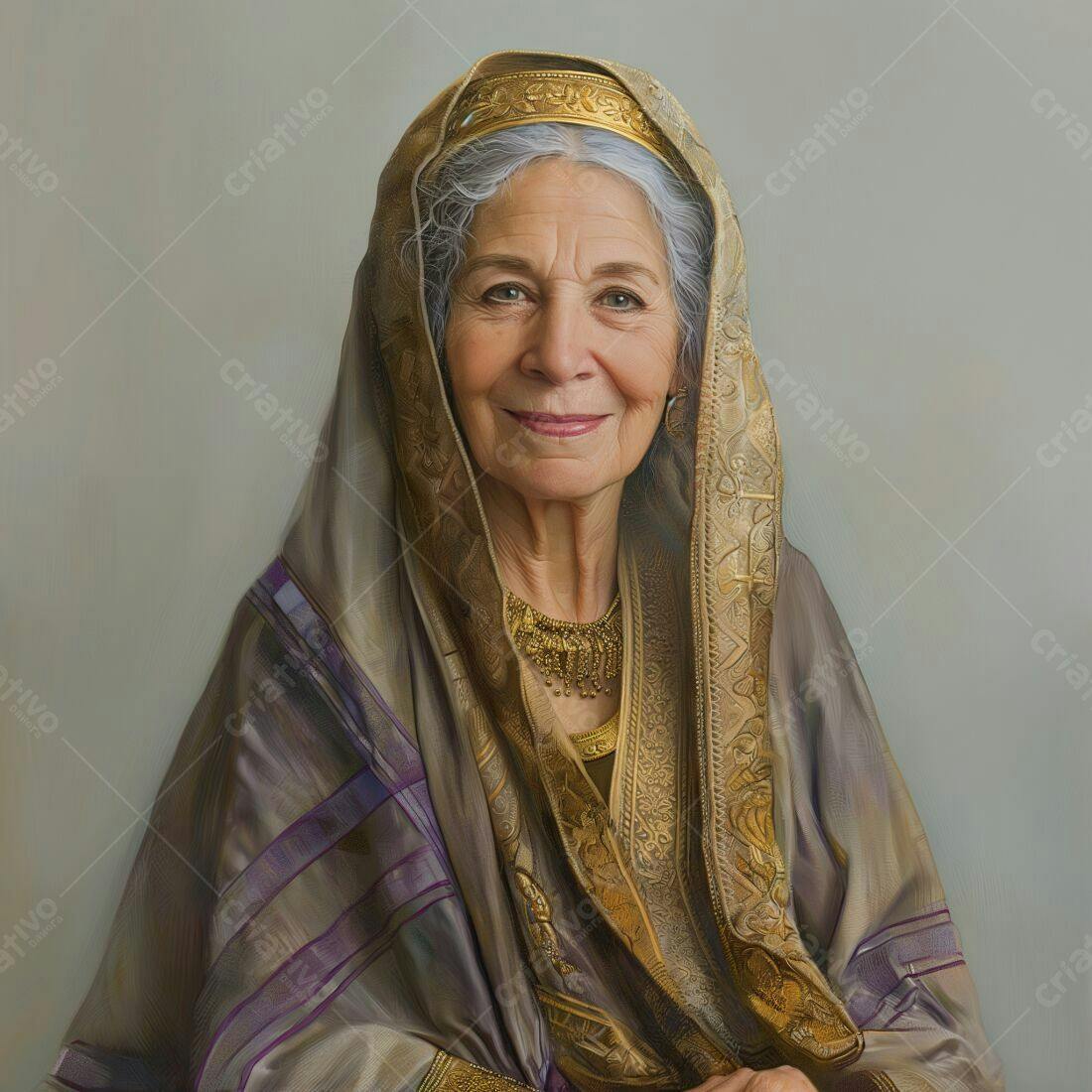 Retrato de mulher idosa com joias de ouro