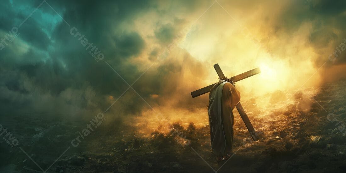 Jesus carregando a cruz em cenário dramático