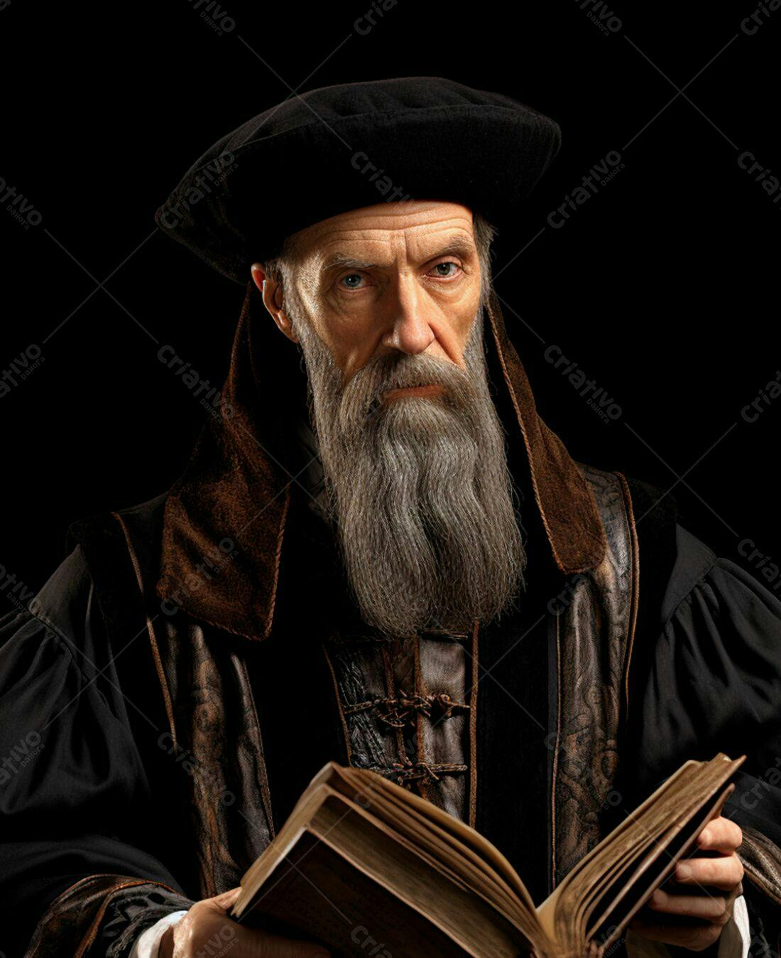 Homem idoso com barba grisalha lendo livro antigo