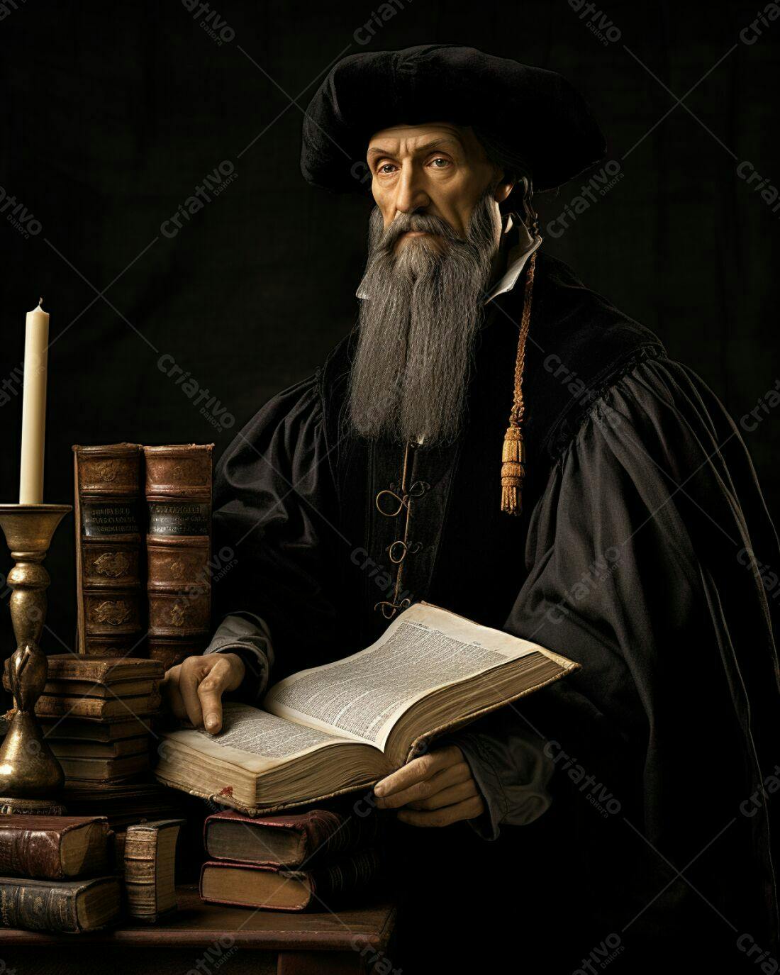 Homem idoso com barba grisalha lendo livro antigo