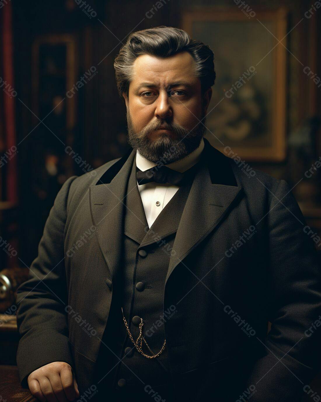 Retrato de homem barbudo em terno escuro