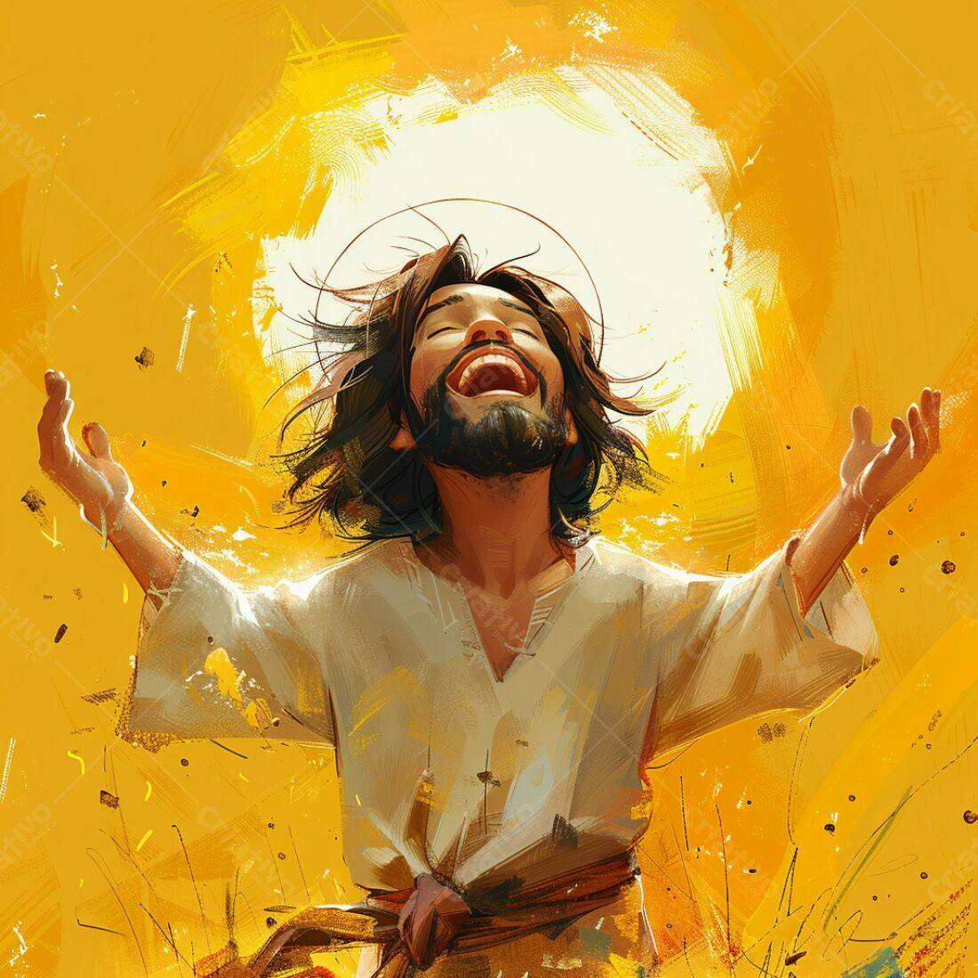 Jesus alegre braços abertos fundo amarelo