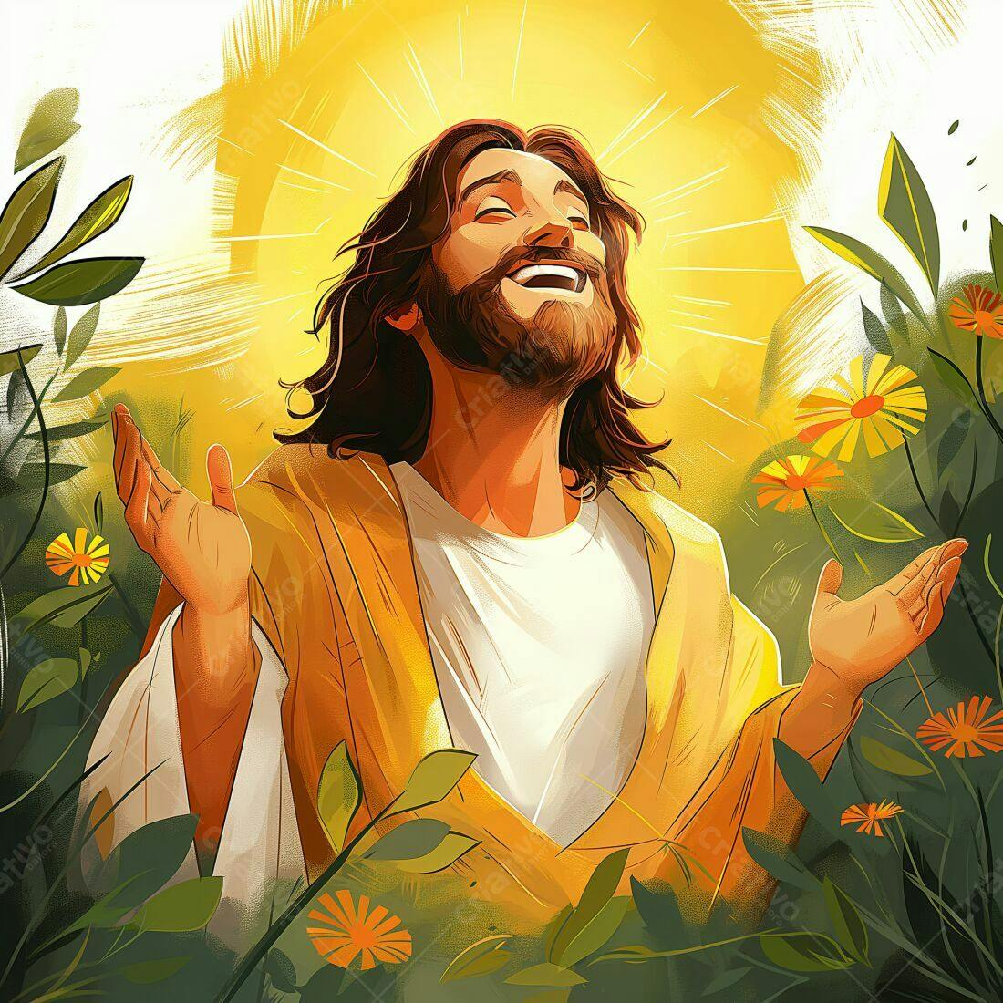 Jesus alegre em jardim florido