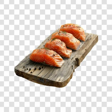 Imagem salmão com tábua sushi de madeira com fundo transparente