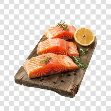 Imagem salmão com tábua sushi de madeira com fundo transparente