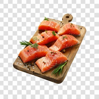 Imagem salmão com tábua sushi de madeira com fundo transparente