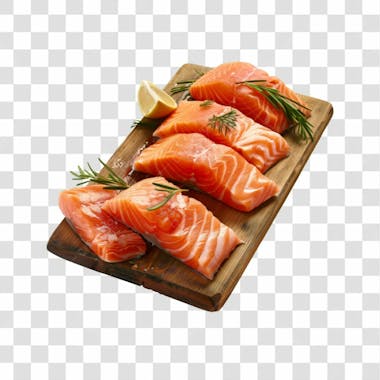 Imagem salmão com tábua sushi de madeira com fundo transparente