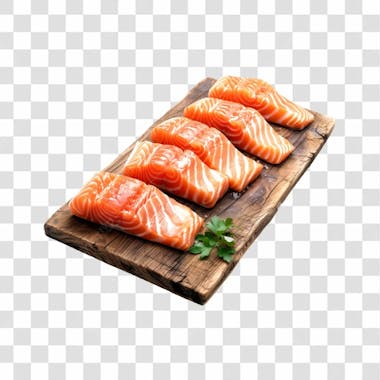 Imagem salmão com tábua sushi de madeira com fundo transparente