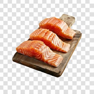 Imagem salmão com tábua sushi de madeira com fundo transparente