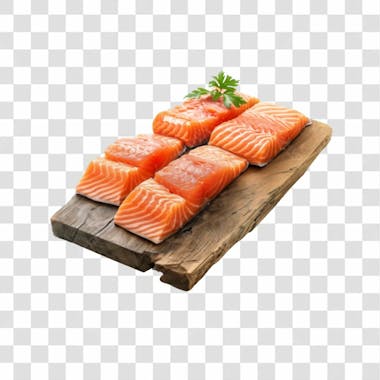 Imagem salmão com tábua sushi de madeira com fundo transparente