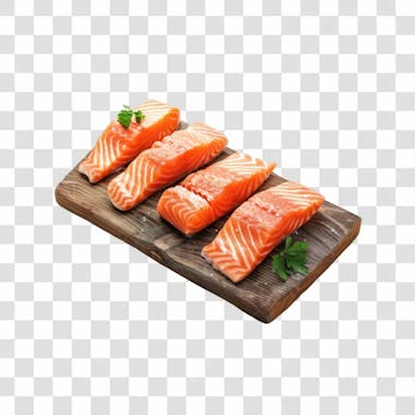 Imagem salmão com tábua sushi de madeira com fundo transparente