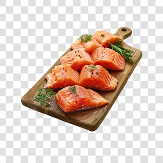 Imagem salmão com tábua sushi de madeira com fundo transparente