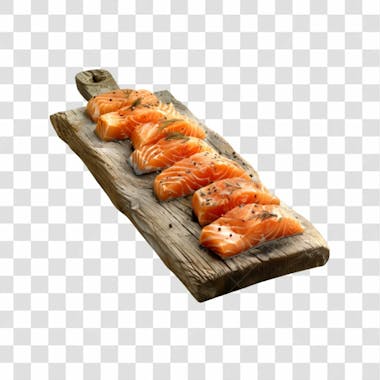 Imagem salmão com tábua sushi de madeira com fundo transparente