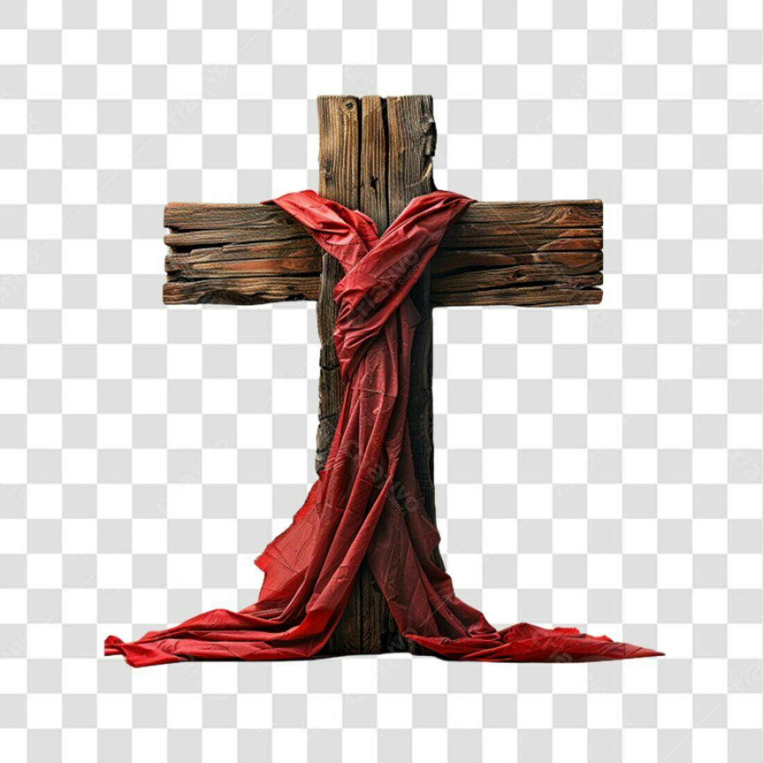 Icone Cruz de Madeira com Tecido Vermelho PNG com fundo transparente