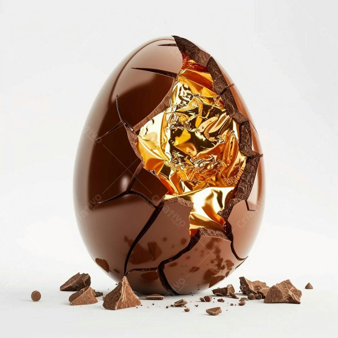 Ovo de chocolate quebrado revelando ouro