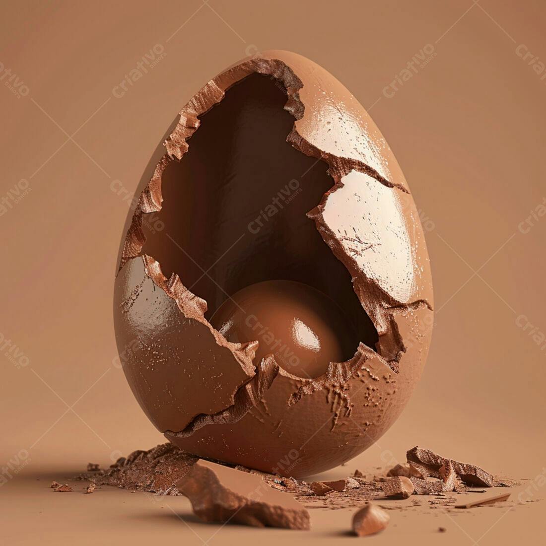 Ovo de chocolate quebrado mostrando interior