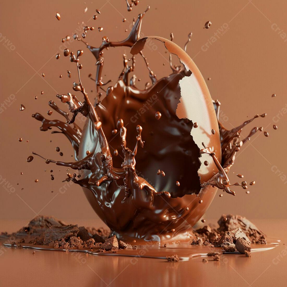 Ovo de chocolate quebrando em splash marrom