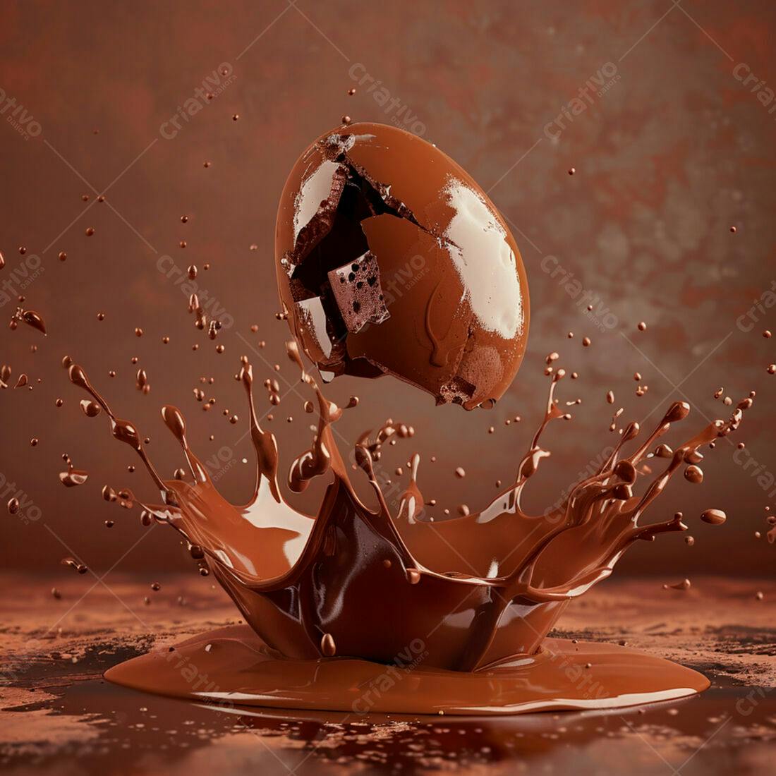 Ovo de chocolate quebrado em splash de chocolate