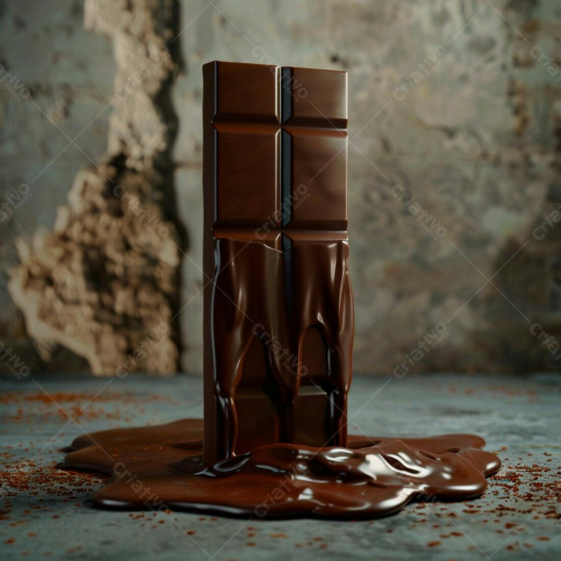 Barra de chocolate derretendo sobre superfície escura