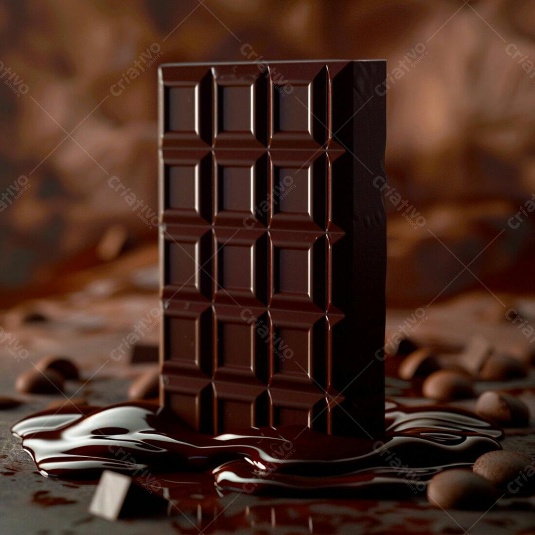 Barra de chocolate derretendo com grãos de cacau
