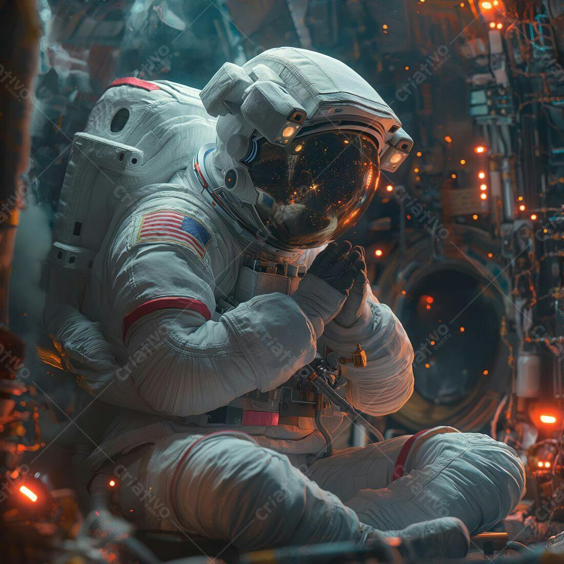 Astronauta meditando em nave espacial