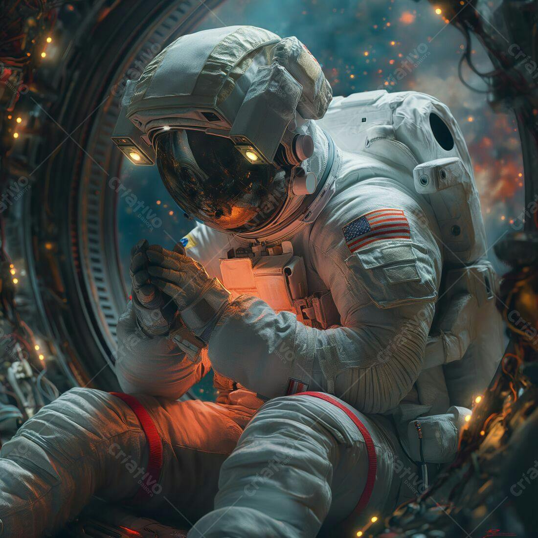 Astronauta em traje espacial contemplando o espaço