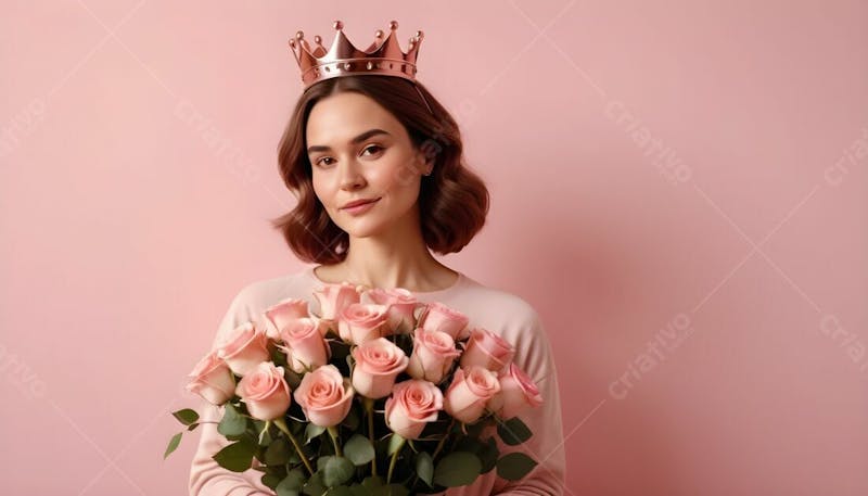 Composição de mãe, com coroa na cabeça segurando um boque de rosas, em fundo rosa i.a v.2