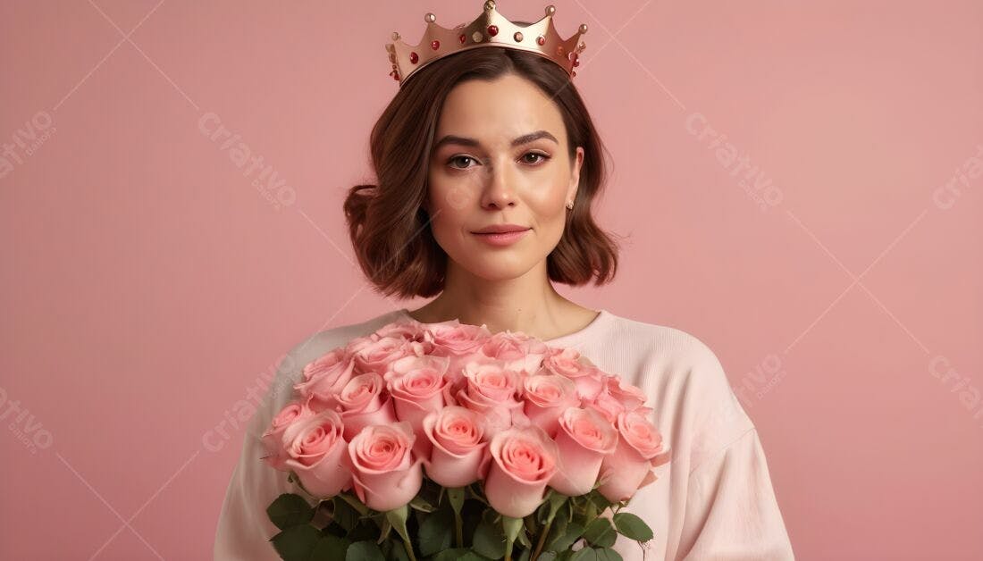 Mulher com coroa segurando rosas cor-de-rosa