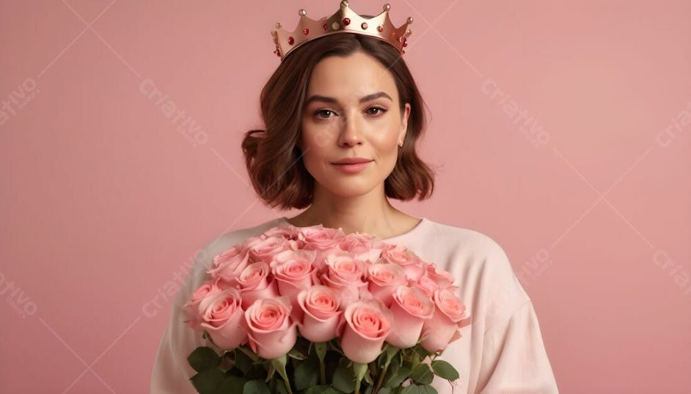 Composição De Mãe, Com Coroa Na Cabeça Segurando Um Boque De Rosas, Em Fundo Rosa I.a V.1