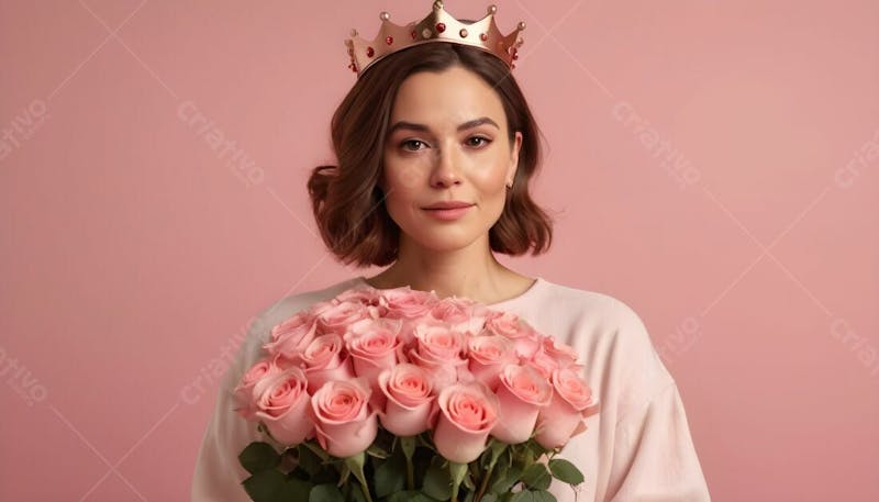 Composição de mãe, com coroa na cabeça segurando um boque de rosas, em fundo rosa i.a v.1