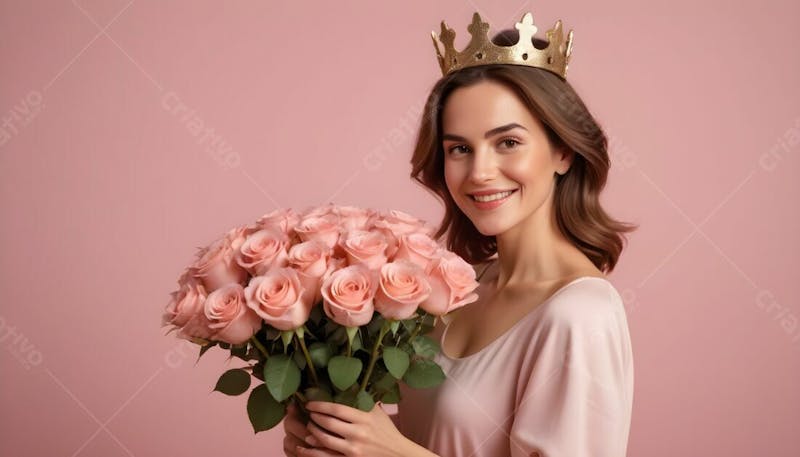Composição de mãe, com coroa na cabeça segurando um boque de rosas, em fundo rosa i.a v.3