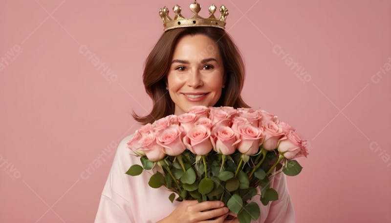 Composição de mãe, com coroa na cabeça segurando um boque de rosas, em fundo rosa i.a v.4