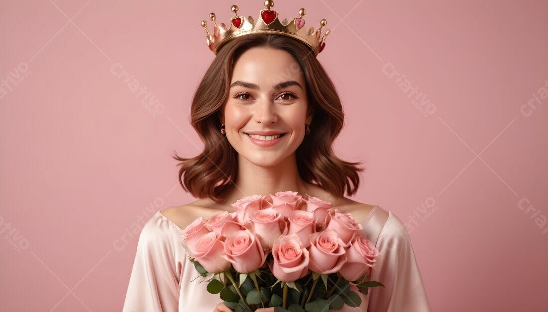 Mulher sorridente com coroa e rosas