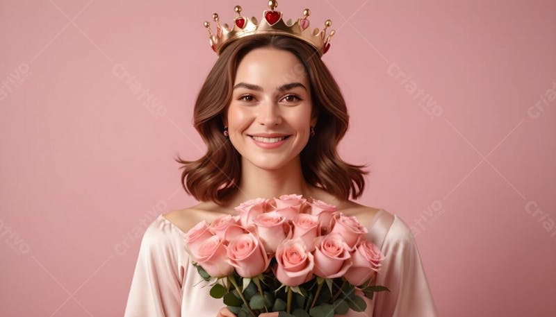 Composição de mãe, com coroa na cabeça segurando um boque de rosas, em fundo rosa i.a v.5