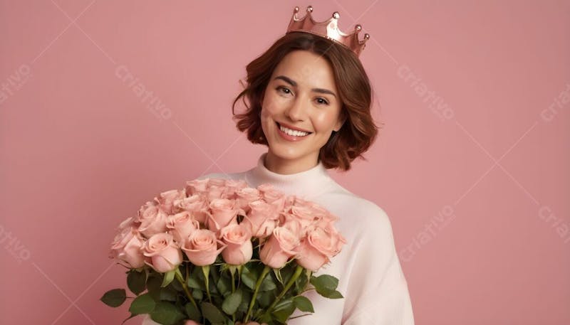 Composição de mãe, com coroa na cabeça segurando um boque de rosas, em fundo rosa i.a v.6