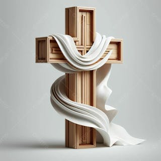Composição de cruz em 3d de madeira, com pano branco rodeando, em referência a páscoa, em fundo cinza claro i.a v 1
