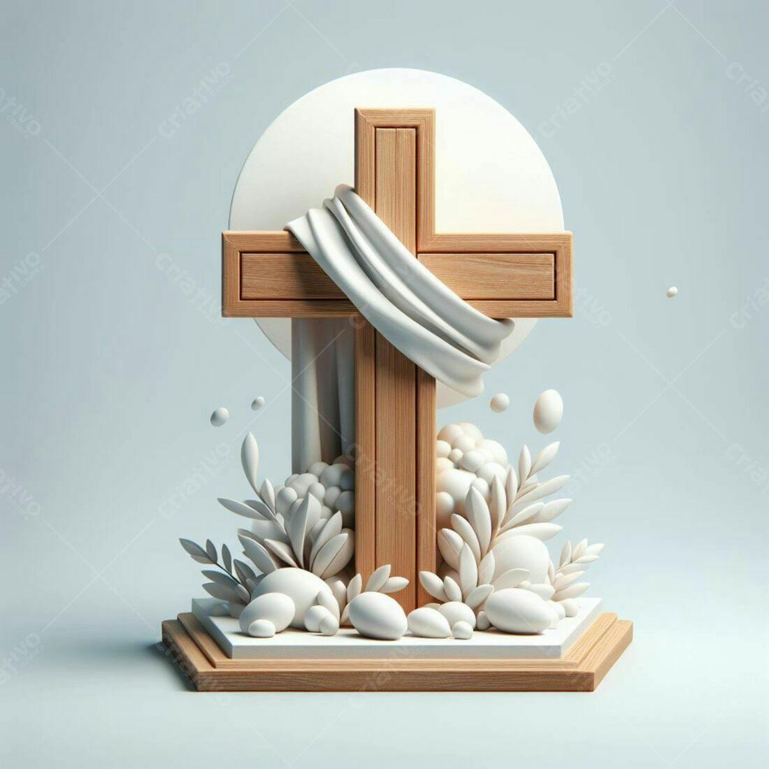 Cruz de madeira com tecido branco e flores