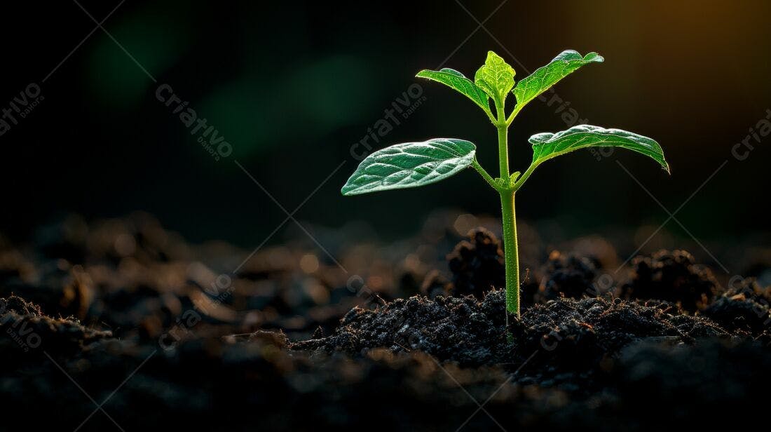 Planta brotando solo escuro ao amanhecer