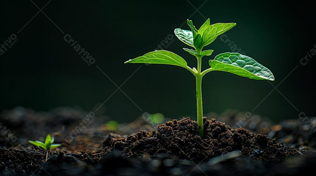 Planta brotando solo escuro fundo verde