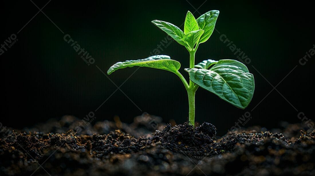 Planta brotando solo escuro fundo preto
