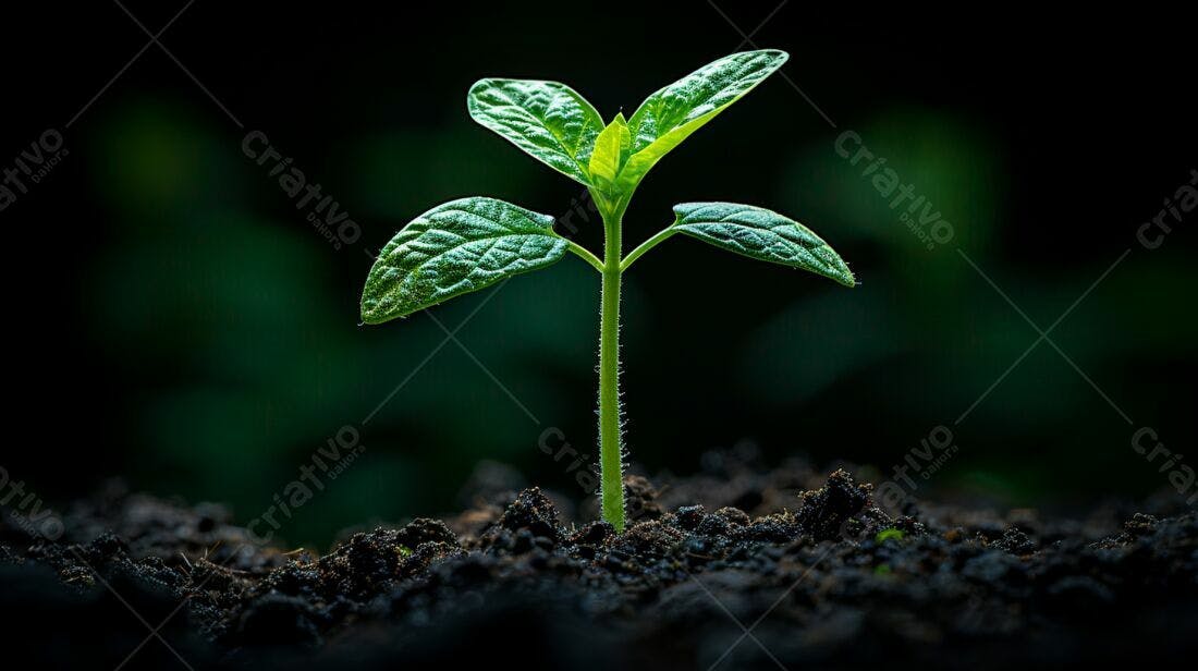 Planta brotando solo escuro fundo verde