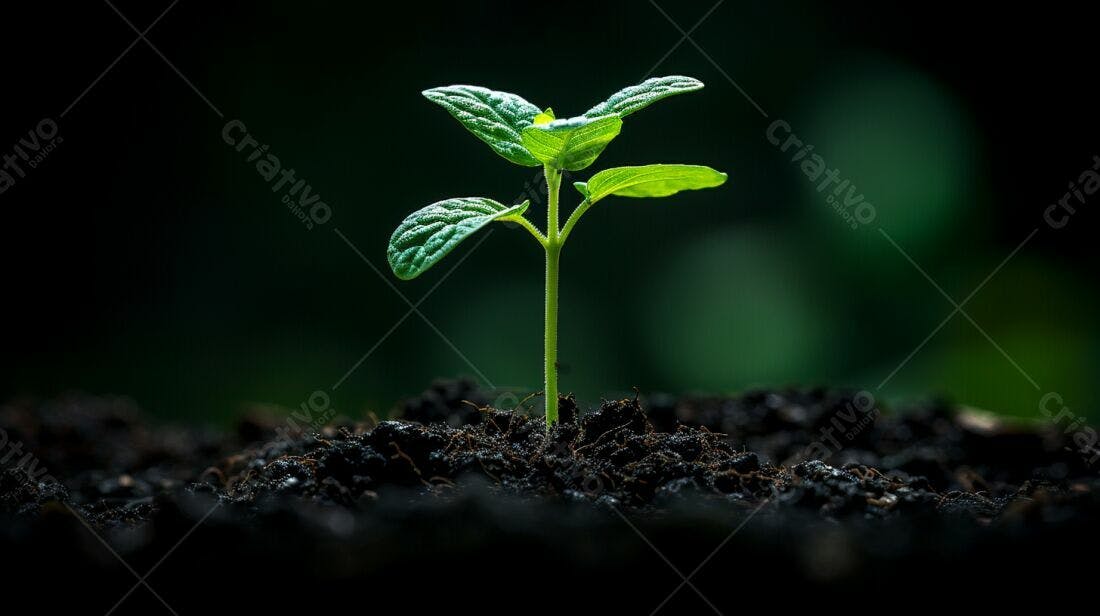 Planta brotando solo escuro fundo verde